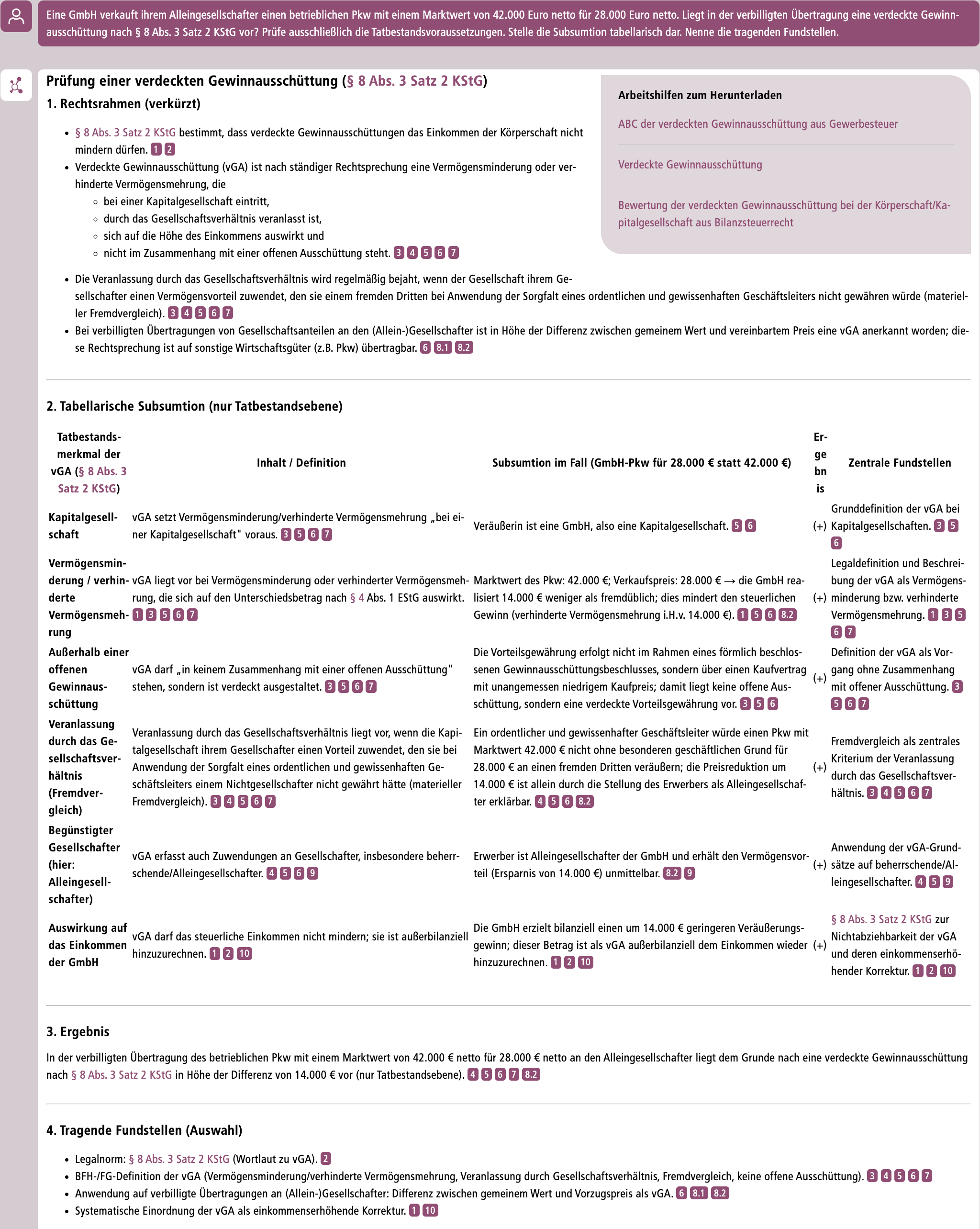 GenIA-L-Prüfung einer verbilligten Pkw-Übertragung auf einen Gesellschafter mit tabellarischer Subsumtion zur verdeckten Gewinnausschüttung.