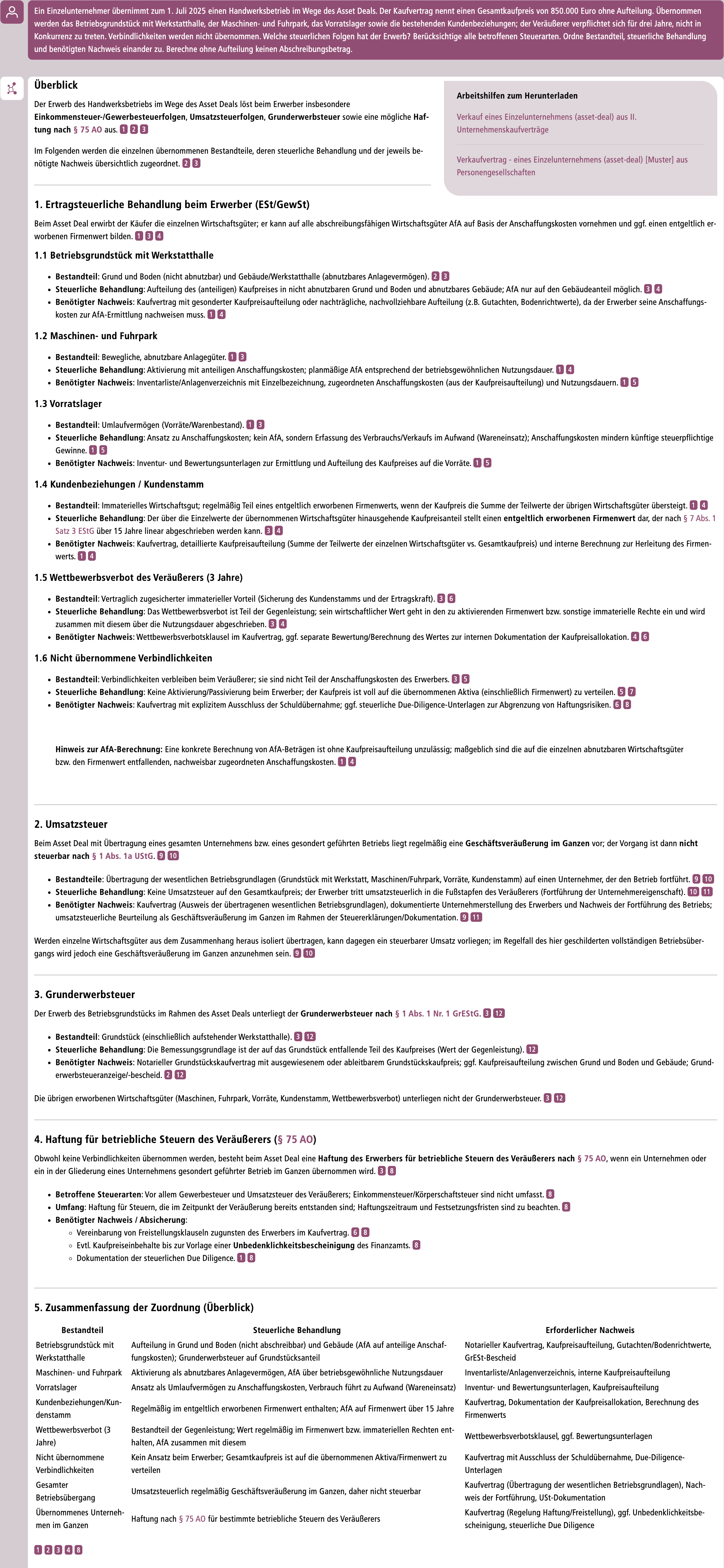 GenIA-L ordnet die Bestandteile eines Unternehmenskaufs steuerlich ein und nennt die jeweils erforderlichen Nachweise.