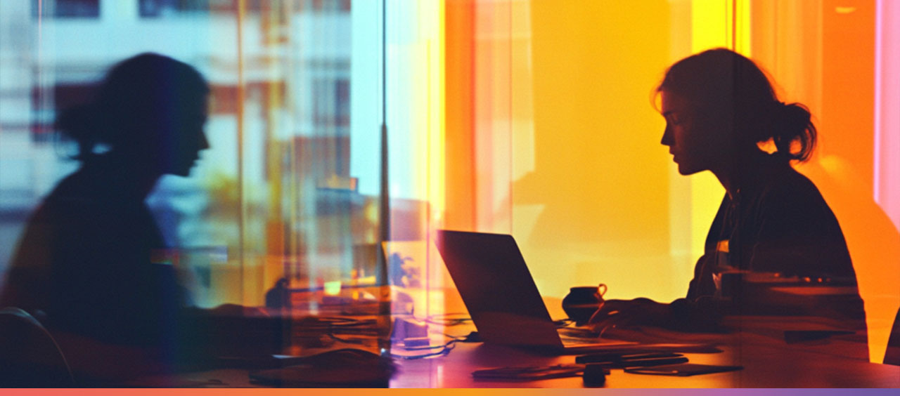 Frau arbeitet konzentriert an einem Laptop in einem modernen Büro mit bunter Glasverkleidung, die Licht in verschiedenen Farben reflektiert.
