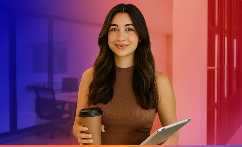 Frau in braunem Top hält Kaffeebecher und Tablet, steht in einem Büroflur.