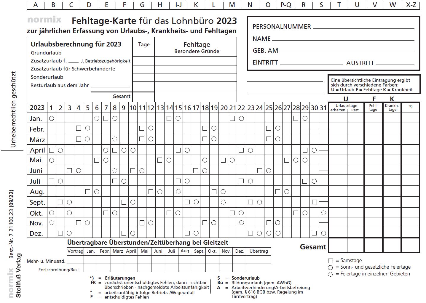 Fehltage-Karte mit Kalendarium 2023, aber mit freier Rückseite