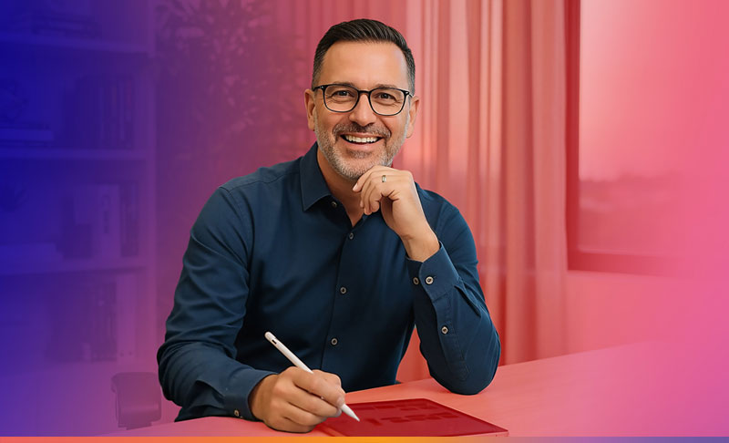 Mann mit Brille, der an einem Tablet arbeitet, lächelt am Schreibtisch.