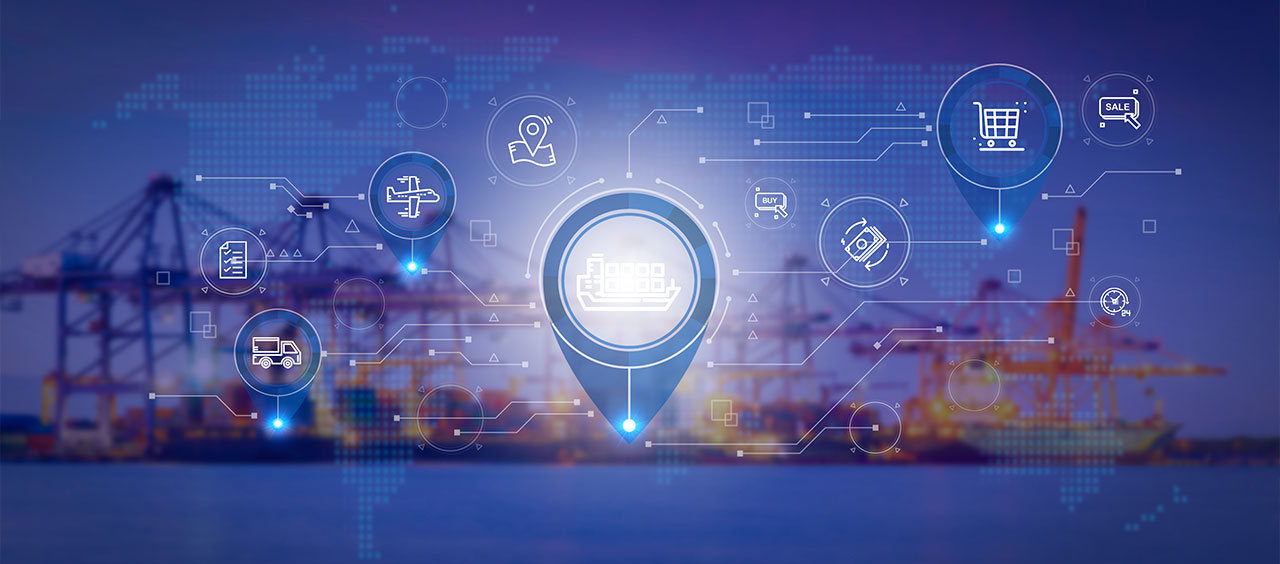Lieferkettensorgfaltspflichtengesetz (LkSG) – Eckpunkte, Anwendungsbereich und Herausforderungen Grafische Darstellung eines globalen Logistiknetzwerks vor dem Hintergrund eines Hafens mit Kränen.