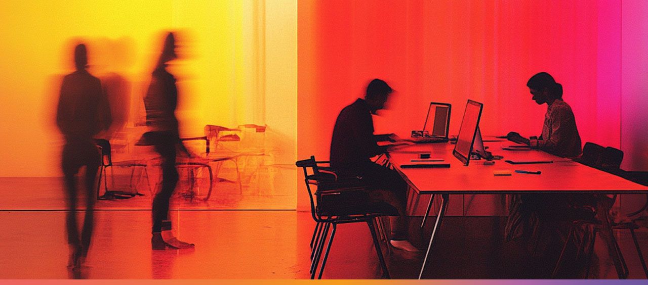 Menschen in einem offenen Büro mit leuchtenden Farbverläufen an den Glaswänden, einige in Bewegung, andere an Schreibtischen