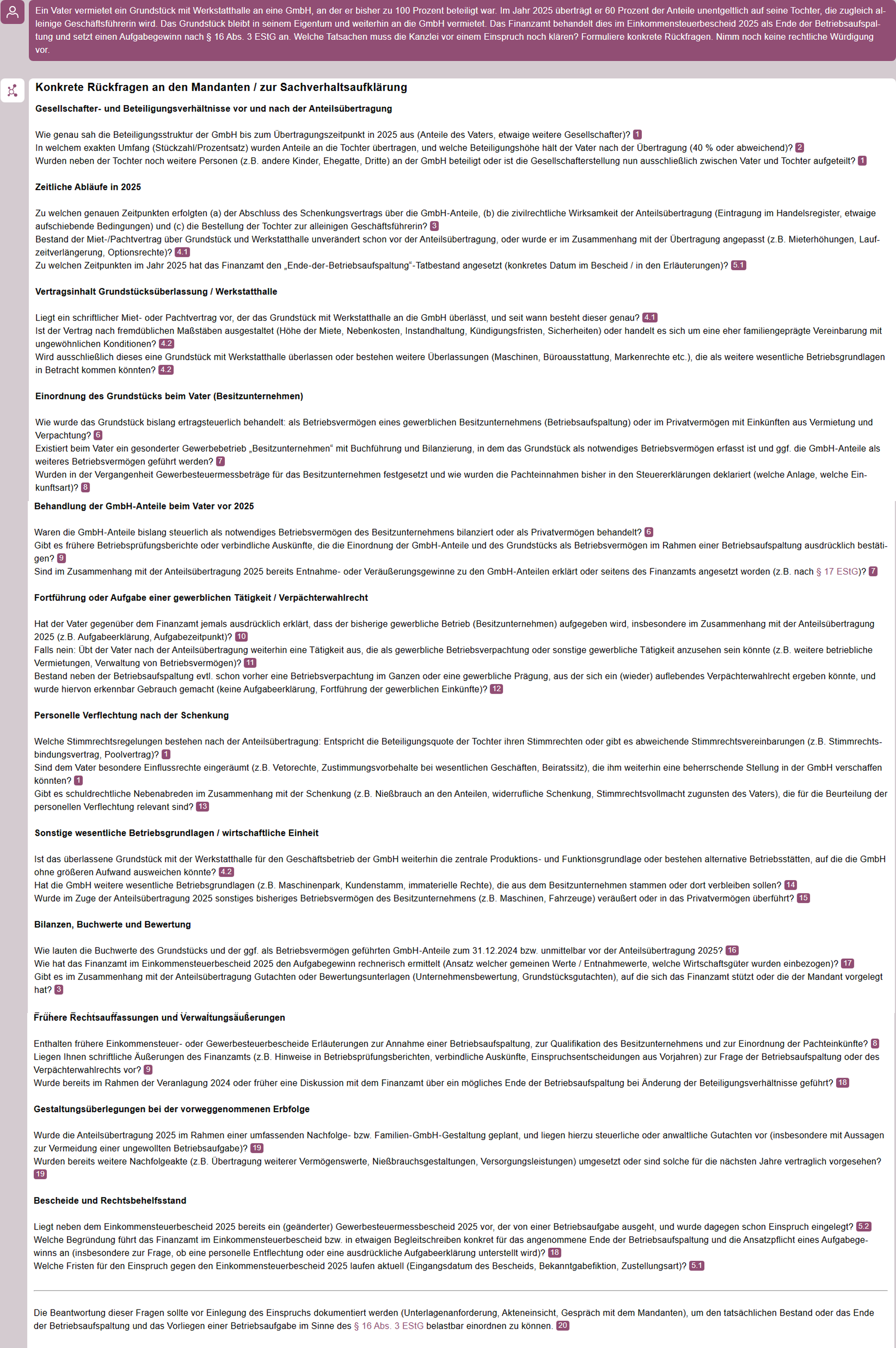 GenIA-L ermittelt offene Fragen zu Beteiligungsverhältnissen, Anteilsübertragung und Nutzungsüberlassung vor einem Einspruch.