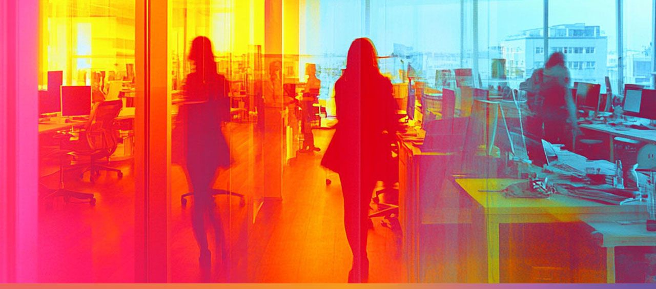 Gläsernes Büro mit leuchtenden Farbverläufen und mehreren Personen in Bewegung, teils als Spiegelung sichtbar