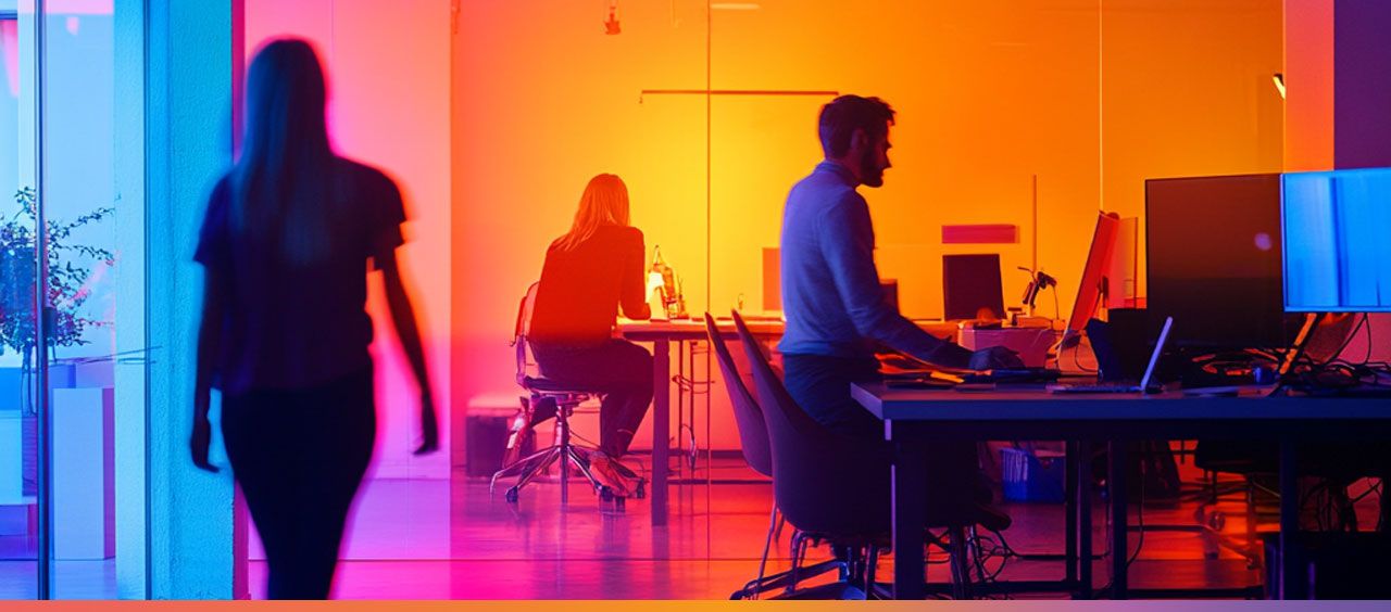 Mitarbeiter:innen in einem farbenfroh beleuchteten Büro mit Glaswänden, einige im Gespräch oder an Arbeitsplätzen