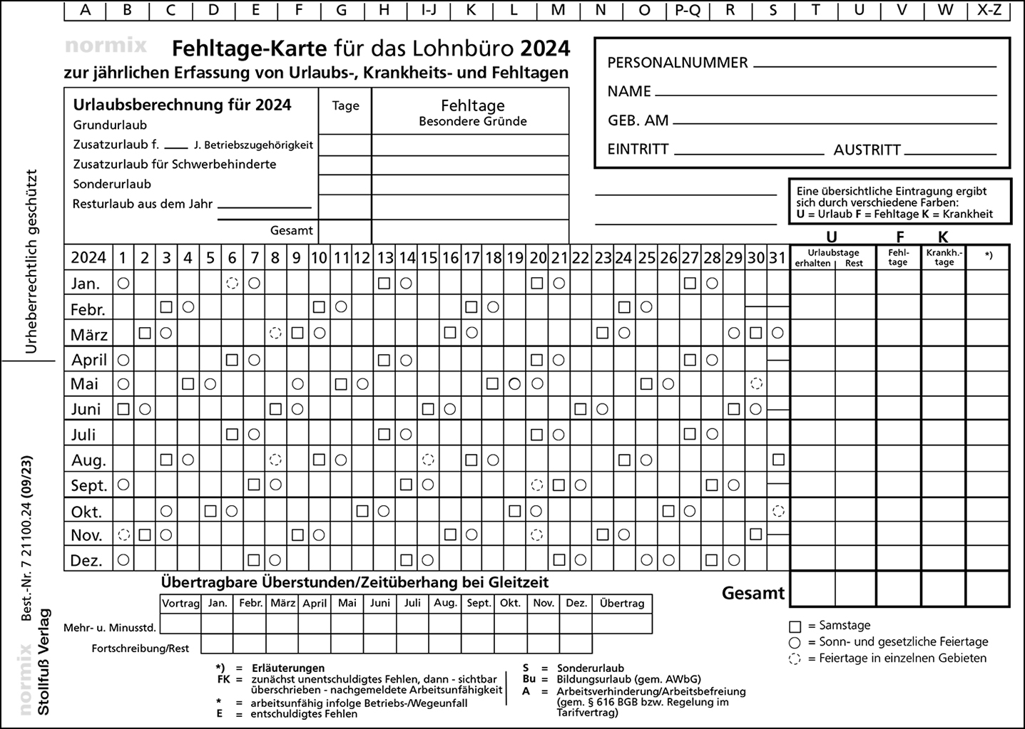 Fehltage-Karte mit Kalendarium 2024, aber mit freier Rückseite