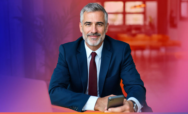 Mann im Anzug mit Smartphone, sitzt an einem Schreibtisch und lächelt.