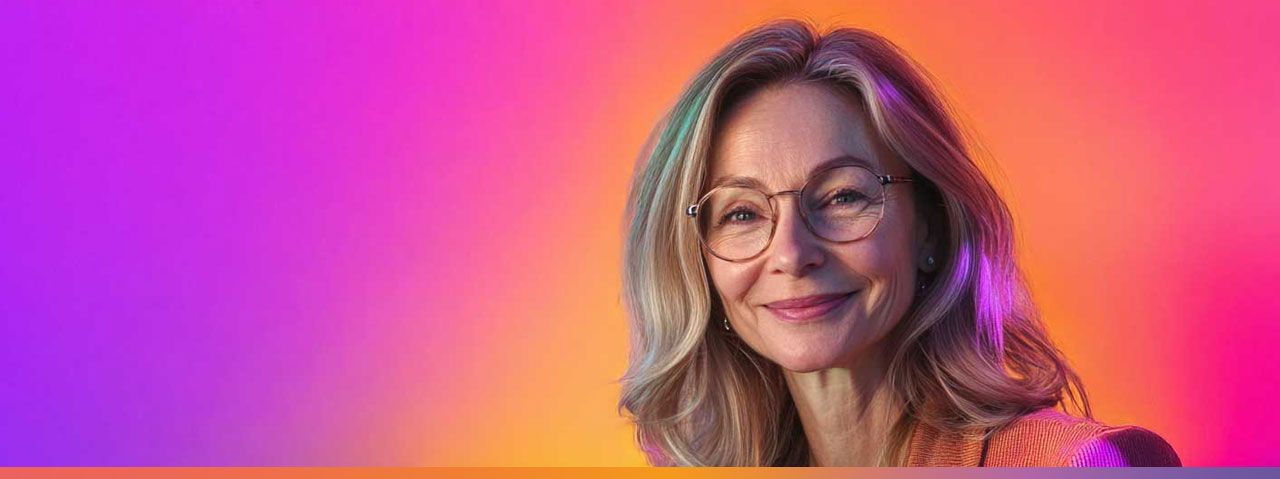 Eine lächelnde Frau mit Brille, trägt eine pinke und orangefarbene Jacke, vor einem lebhaften Hintergrund in lila und orange.